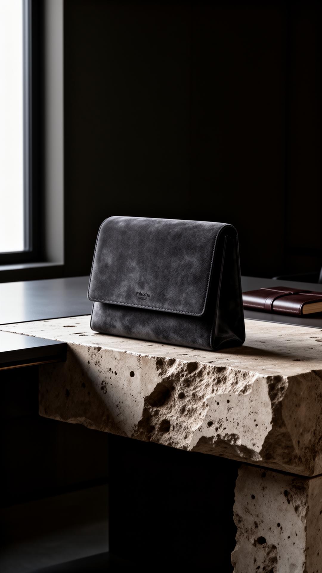 A clutch resting on travertine in low light