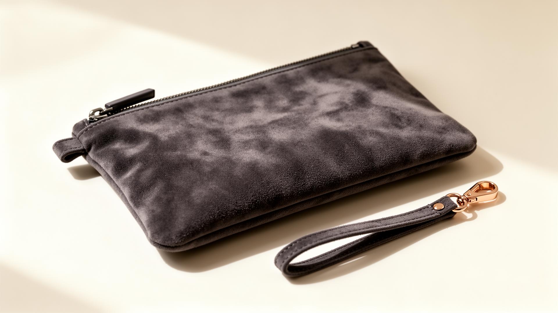 The Milan Clutch in graphite Alcantara, flat with detachable wrist strap